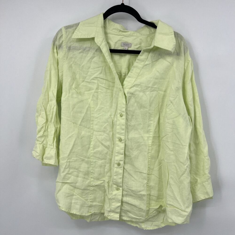 Talbots 100% Linen V Neck Blouse Plus Size 1X Lime Green 3/4 Sleeve Button Up